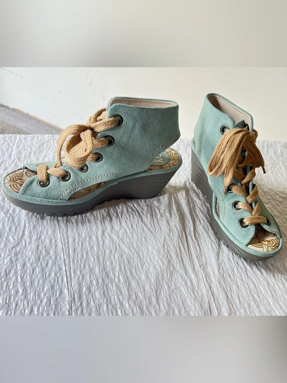 Fly London Mint Green Suede Lace-Up Wedge Sandal